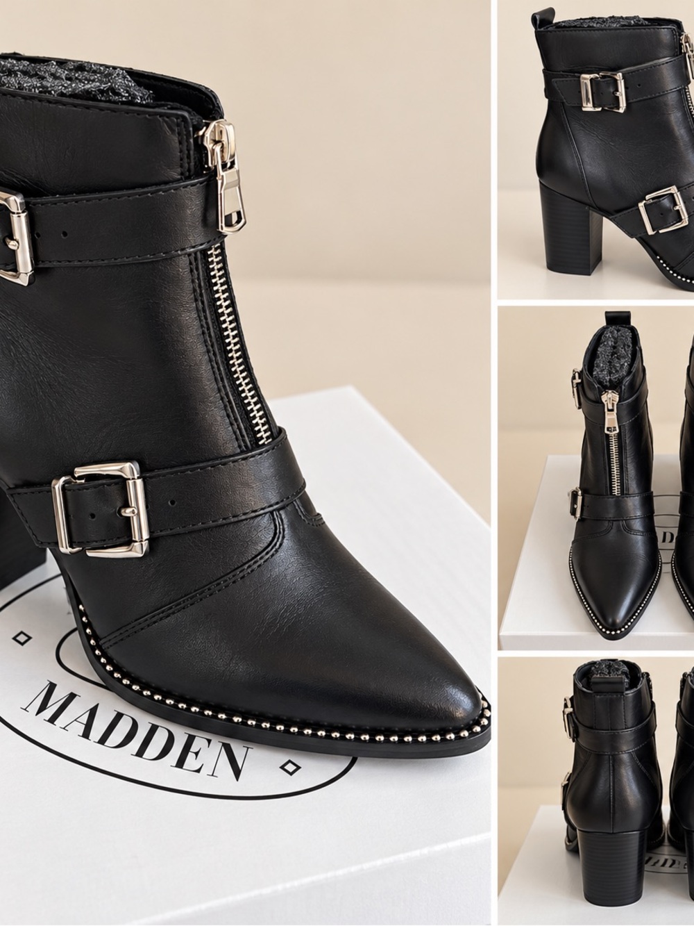 Steve Madden Black Stud-Trim Pointed Ankle Boots with Buckles